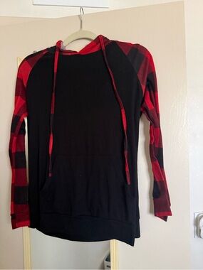 Black Hoodie with Red Buffalo Plaid Sleeves